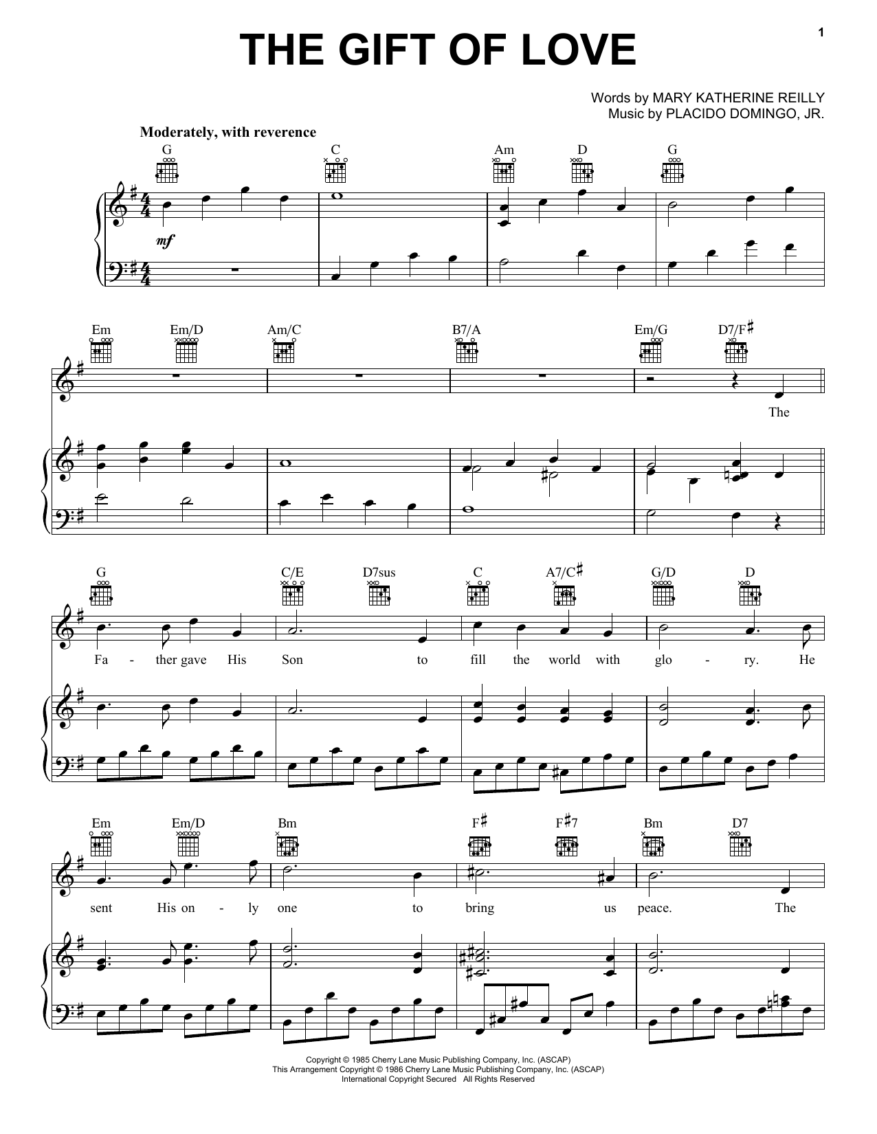 Placido Domingo, Jr. The Gift Of Love Sheet Music Notes & Chords for Piano, Vocal & Guitar (Right-Hand Melody) - Download or Print PDF