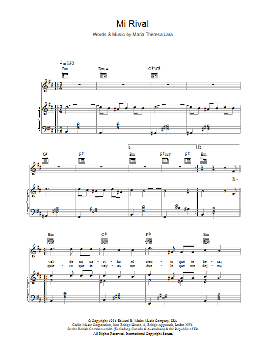 Placido Domingo Mi Rival Sheet Music Notes & Chords for Piano, Vocal & Guitar Chords (Right-Hand Melody) - Download or Print PDF