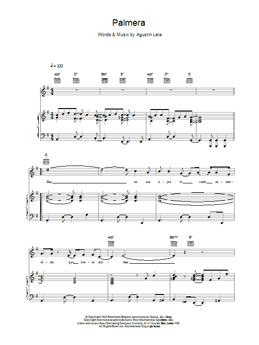 Placido Domingo Palmera Sheet Music Notes & Chords for Piano, Vocal & Guitar - Download or Print PDF