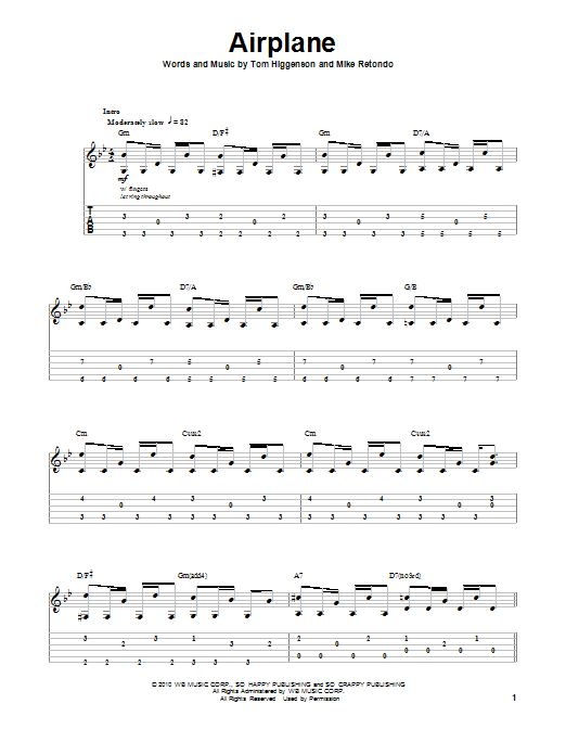 Plain White Ts Airplane Sheet Music Notes & Chords for Guitar Tab Play-Along - Download or Print PDF