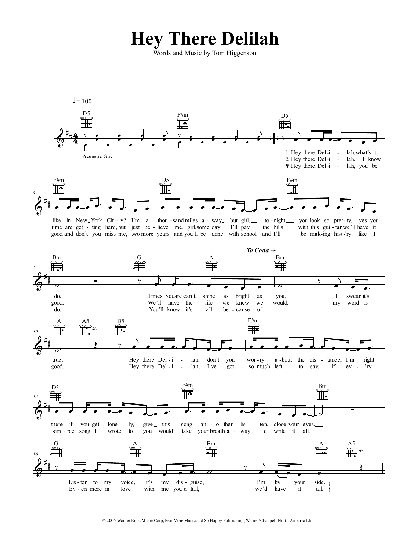 Plain White Ts Hey There Delilah Sheet Music Notes & Chords for Easy Guitar - Download or Print PDF