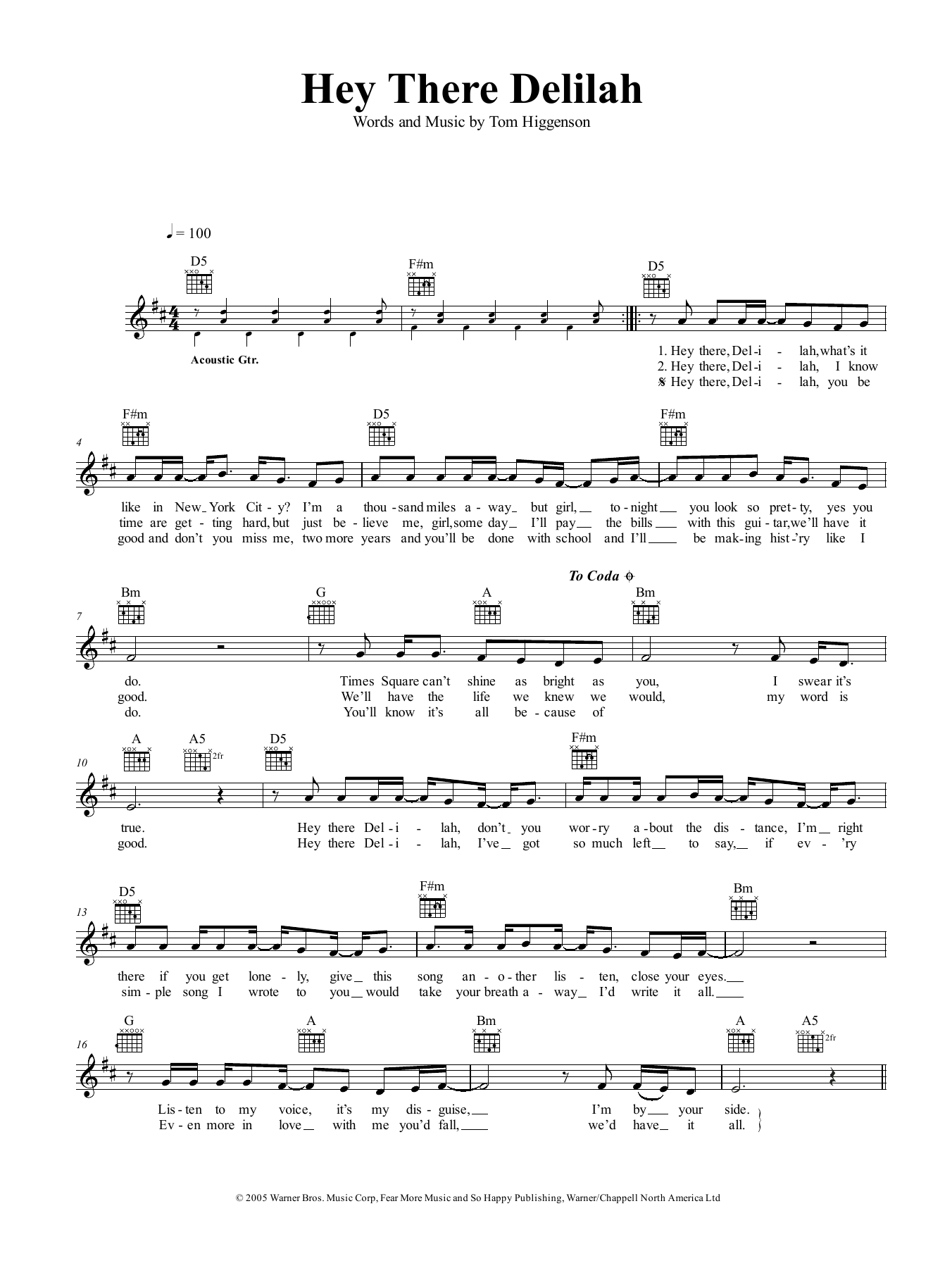 Plain White Ts Hey There Delilah Sheet Music Notes & Chords for Guitar Tab Play-Along - Download or Print PDF