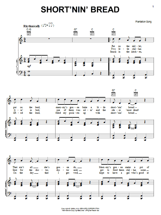 Plantation Song Short'nin' Bread Sheet Music Notes & Chords for Melody Line, Lyrics & Chords - Download or Print PDF