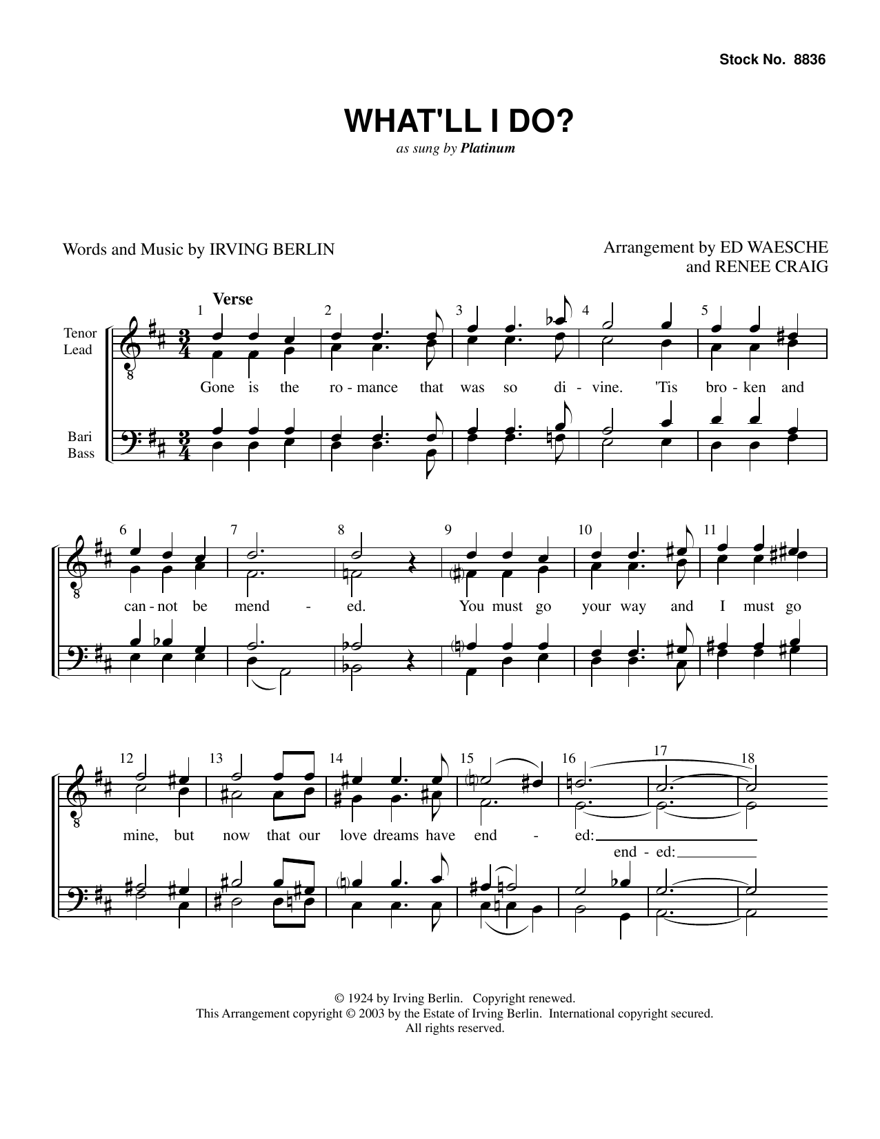 Platinum What'll I Do? (arr. Ed Waesche, Renee Craig) Sheet Music Notes & Chords for TTBB Choir - Download or Print PDF
