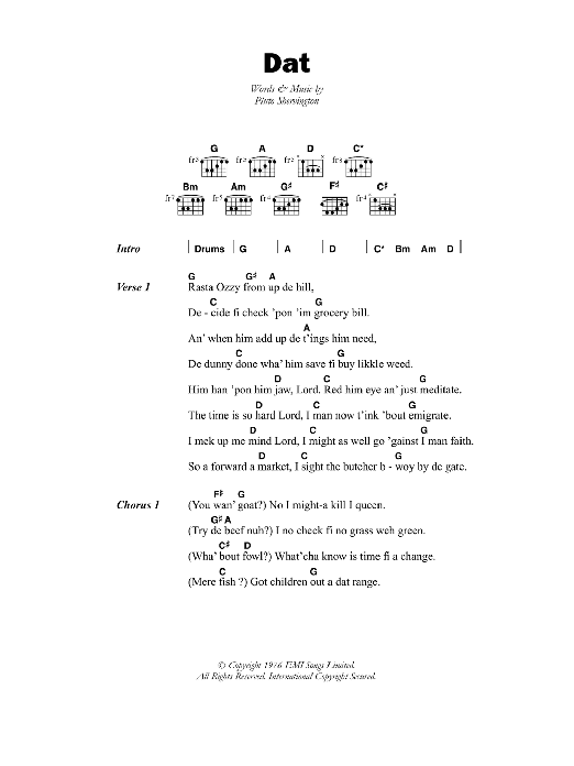 Pluto Shervington Dat Sheet Music Notes & Chords for Lyrics & Chords - Download or Print PDF