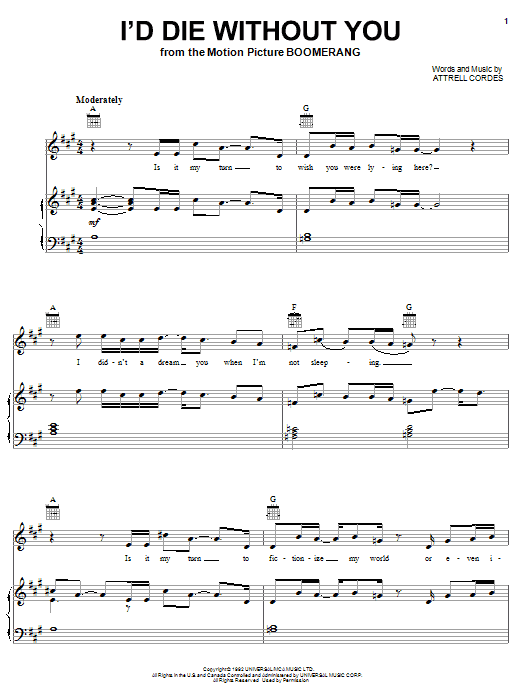 P.M. Dawn I'd Die Without You Sheet Music Notes & Chords for Piano, Vocal & Guitar (Right-Hand Melody) - Download or Print PDF