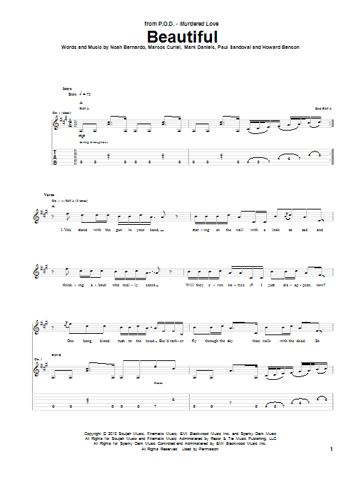 P.O.D. Beautiful Sheet Music Notes & Chords for Guitar Tab - Download or Print PDF