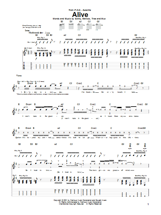 P.O.D. (Payable On Death) Alive Sheet Music Notes & Chords for Guitar Tab - Download or Print PDF