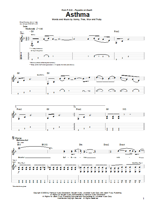 P.O.D. (Payable On Death) Asthma Sheet Music Notes & Chords for Guitar Tab - Download or Print PDF