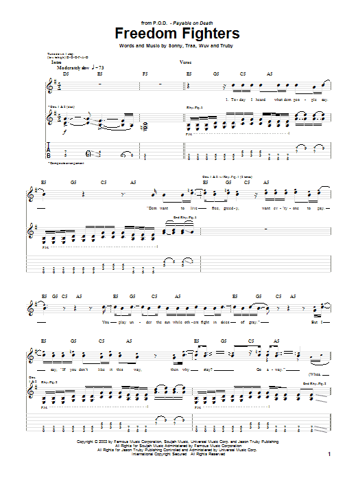 P.O.D. (Payable On Death) Freedom Fighters Sheet Music Notes & Chords for Guitar Tab - Download or Print PDF