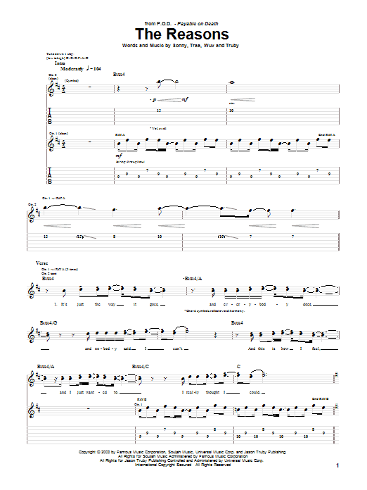 P.O.D. (Payable On Death) The Reasons Sheet Music Notes & Chords for Guitar Tab - Download or Print PDF