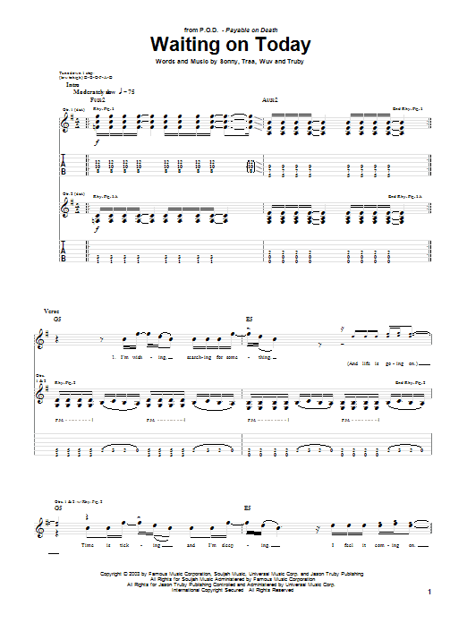 P.O.D. (Payable On Death) Waiting On Today Sheet Music Notes & Chords for Guitar Tab - Download or Print PDF