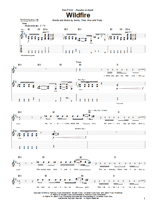 P.O.D. (Payable On Death) Wildfire Sheet Music Notes & Chords for Guitar Tab - Download or Print PDF