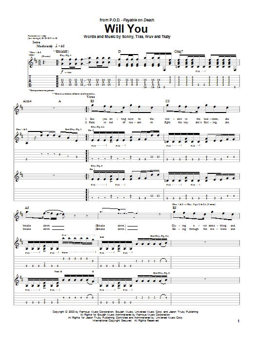 P.O.D. (Payable On Death) Will You Sheet Music Notes & Chords for Guitar Tab - Download or Print PDF