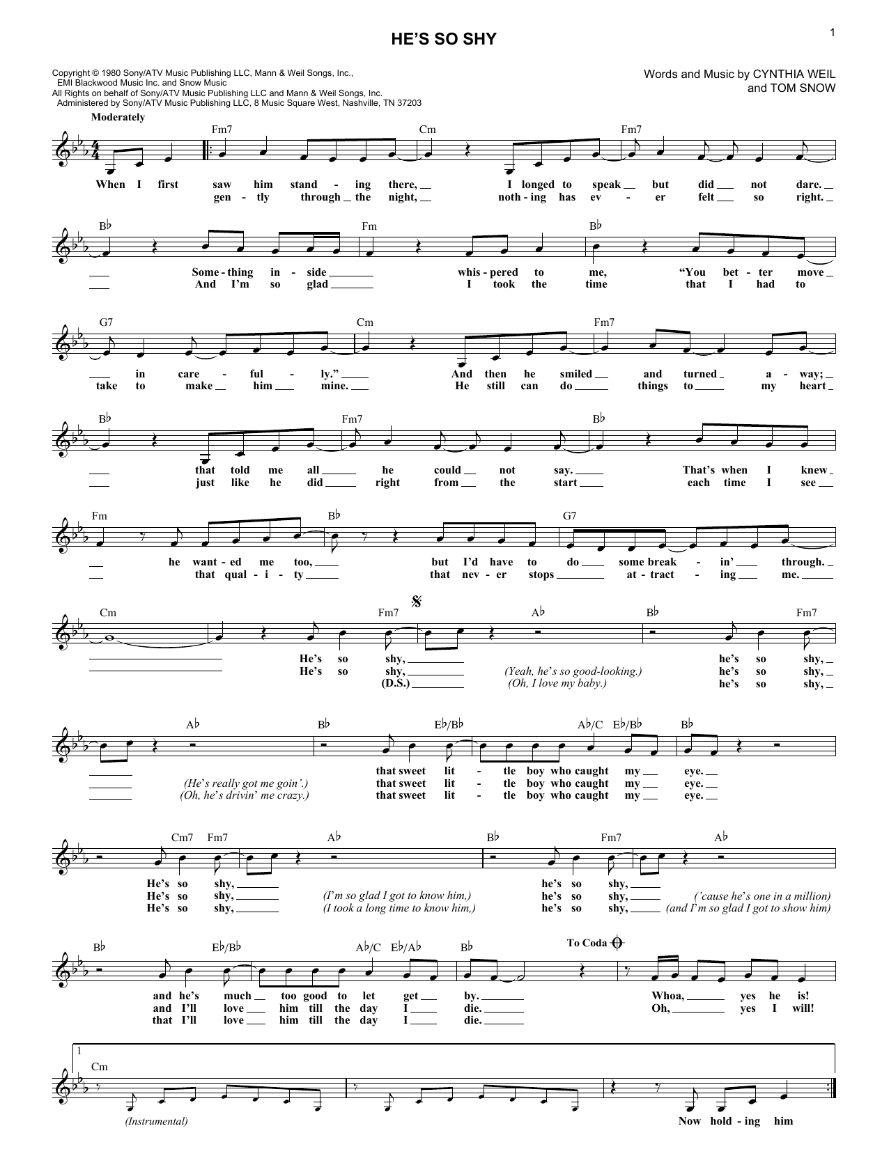 The Pointer Sisters He's So Shy Sheet Music Notes & Chords for Melody Line, Lyrics & Chords - Download or Print PDF