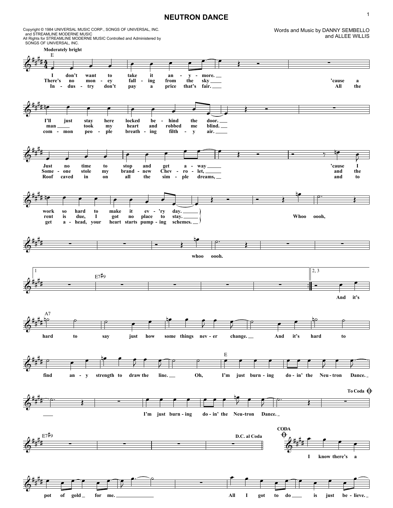 Pointer Sisters Neutron Dance Sheet Music Notes & Chords for Melody Line, Lyrics & Chords - Download or Print PDF