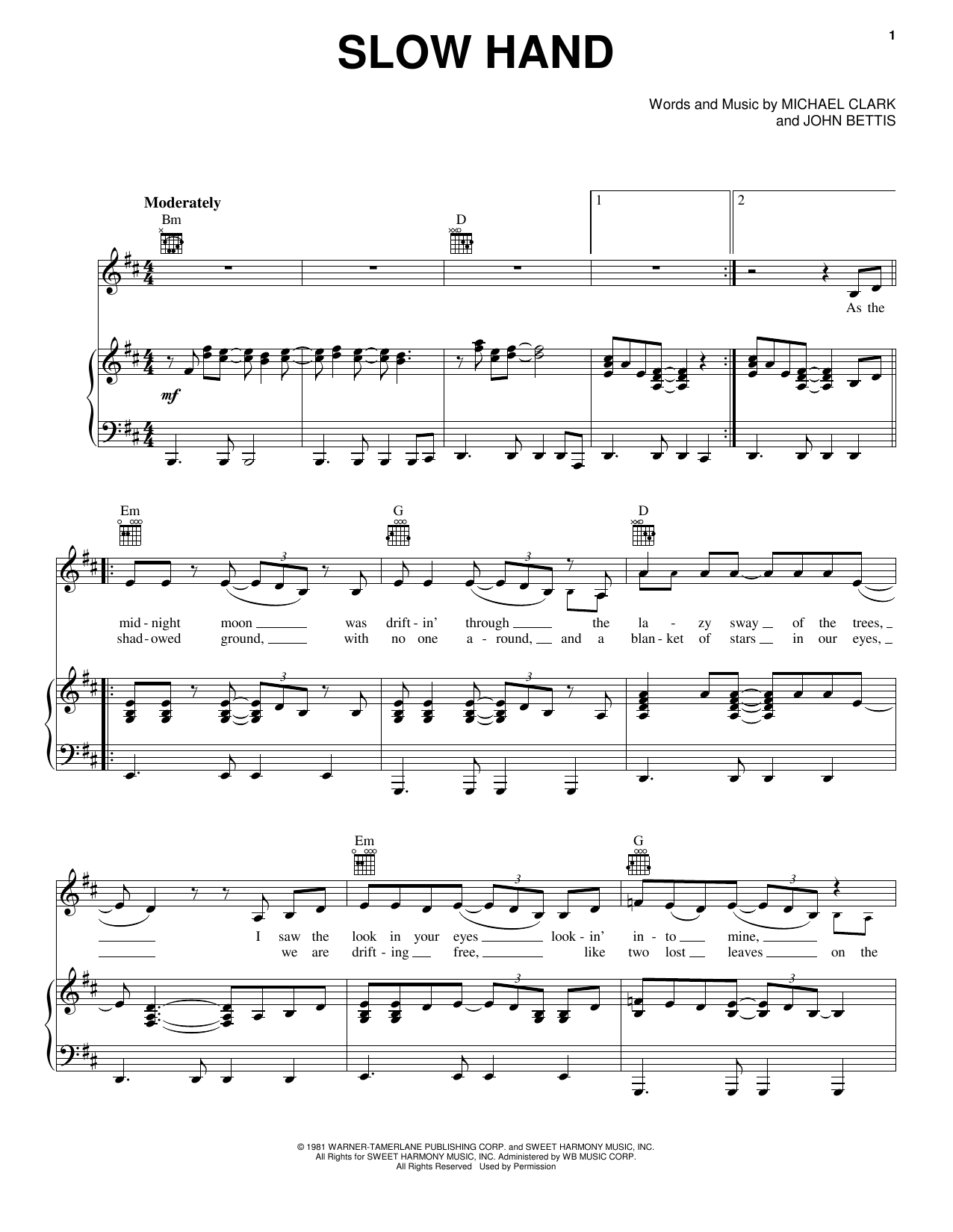 Pointer Sisters Slow Hand Sheet Music Notes & Chords for Piano, Vocal & Guitar (Right-Hand Melody) - Download or Print PDF