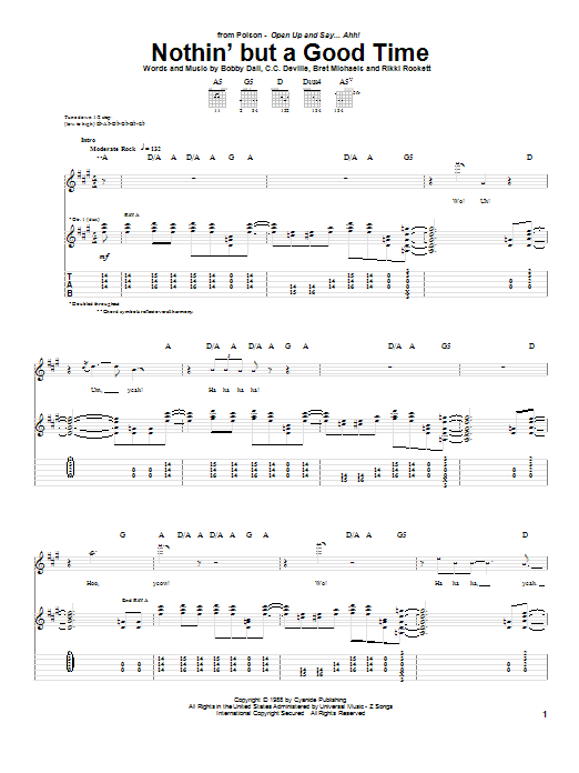 Poison Nothin' But A Good Time Sheet Music Notes & Chords for Guitar Tab Play-Along - Download or Print PDF