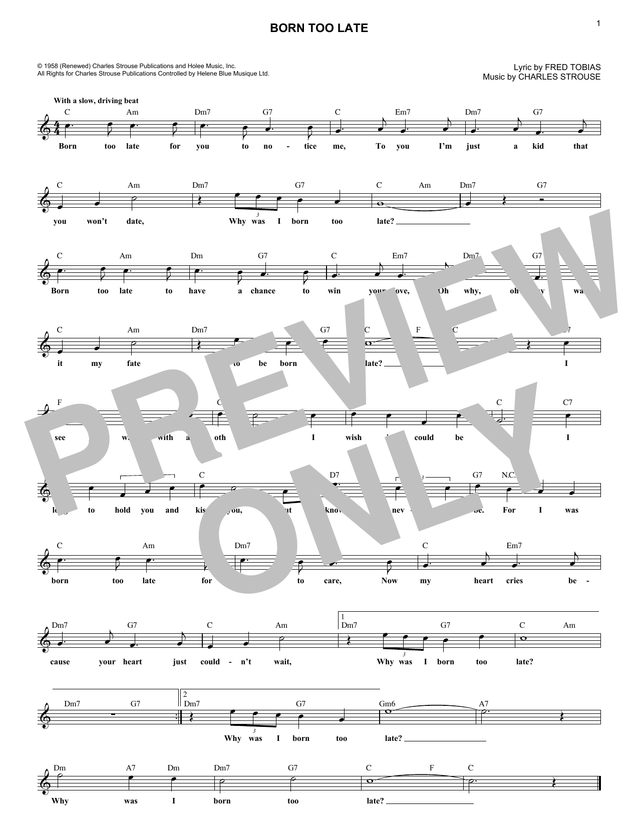Poni-Tails Born Too Late Sheet Music Notes & Chords for Melody Line, Lyrics & Chords - Download or Print PDF