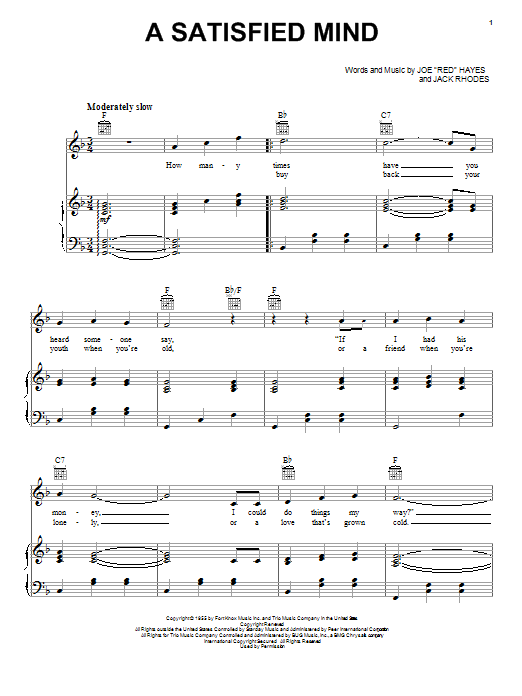 Porter Wagoner A Satisfied Mind Sheet Music Notes & Chords for Melody Line, Lyrics & Chords - Download or Print PDF