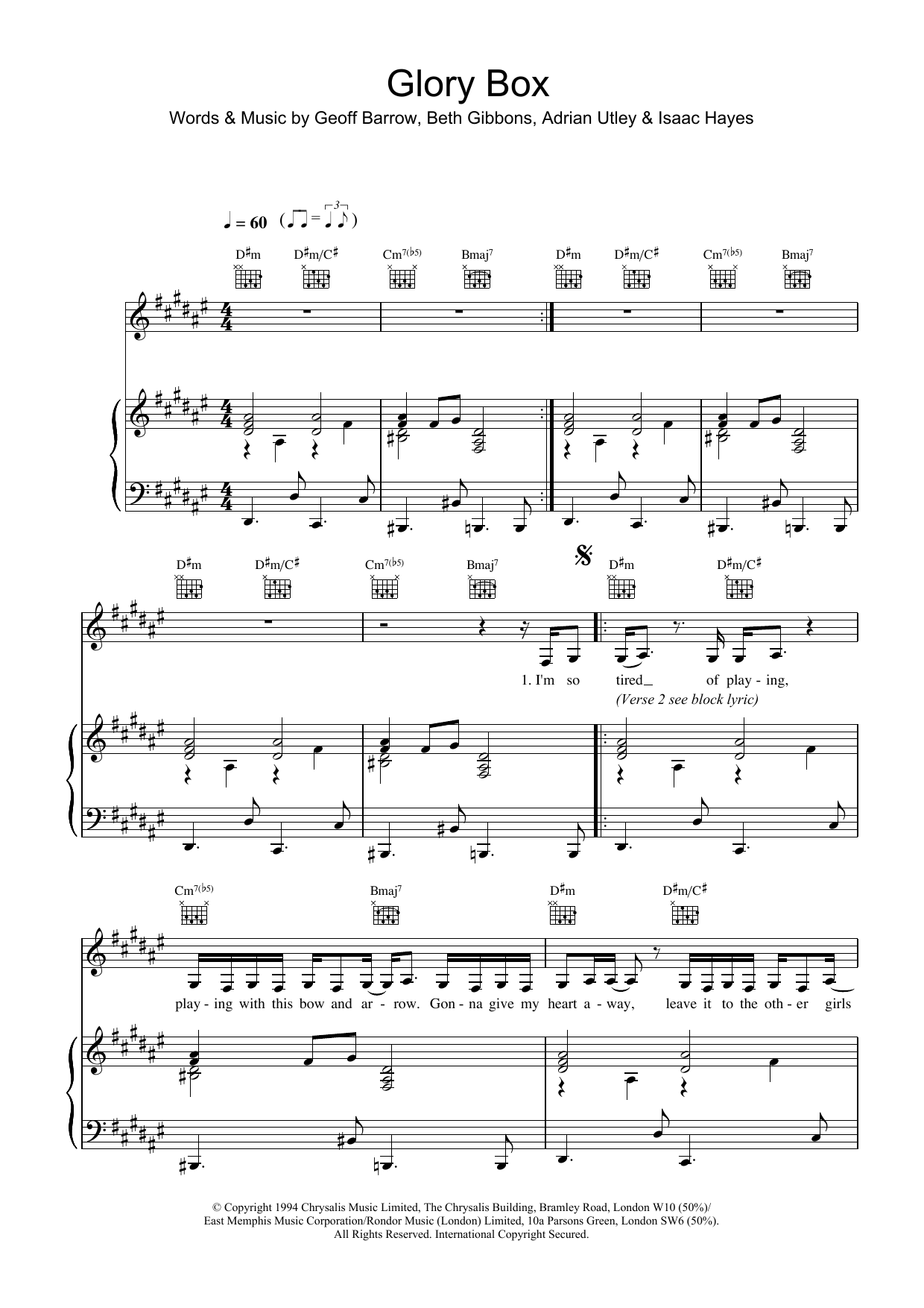 Portishead Glory Box Sheet Music Notes & Chords for Piano, Vocal & Guitar - Download or Print PDF