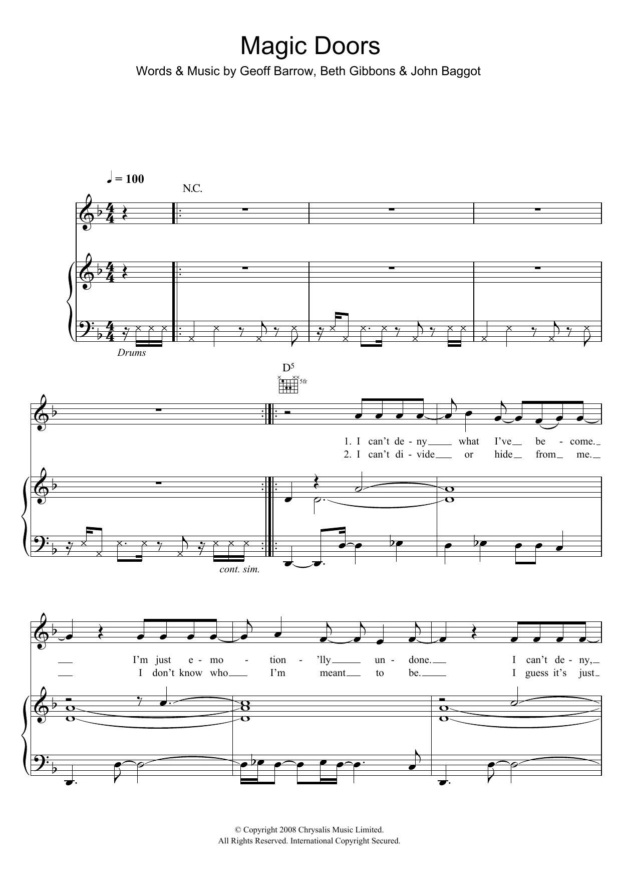 Portishead Magic Doors Sheet Music Notes & Chords for Piano, Vocal & Guitar - Download or Print PDF