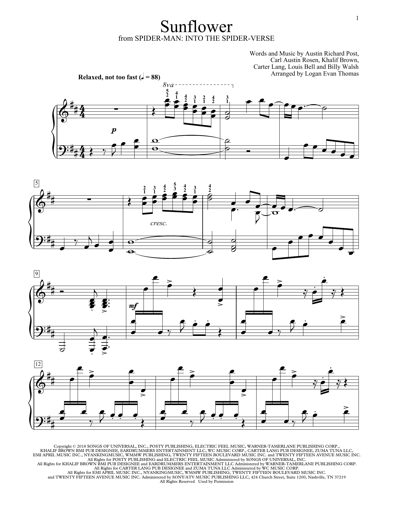 Post Malone & Swae Lee Sunflower (arr. Logan Evan Thomas) Sheet Music Notes & Chords for Educational Piano - Download or Print PDF