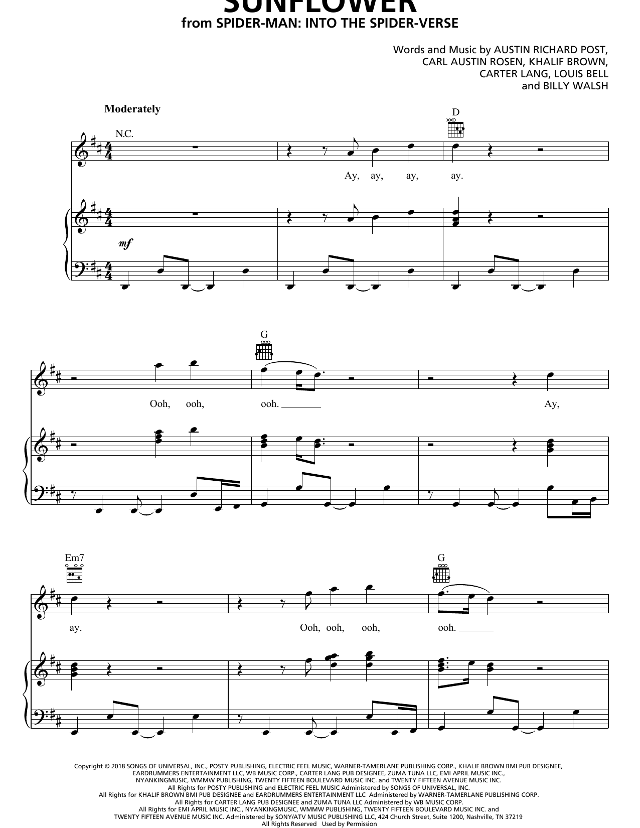 Post Malone & Swae Lee Sunflower (from Spider-Man: Into The Spider-Verse) Sheet Music Notes & Chords for Very Easy Piano - Download or Print PDF