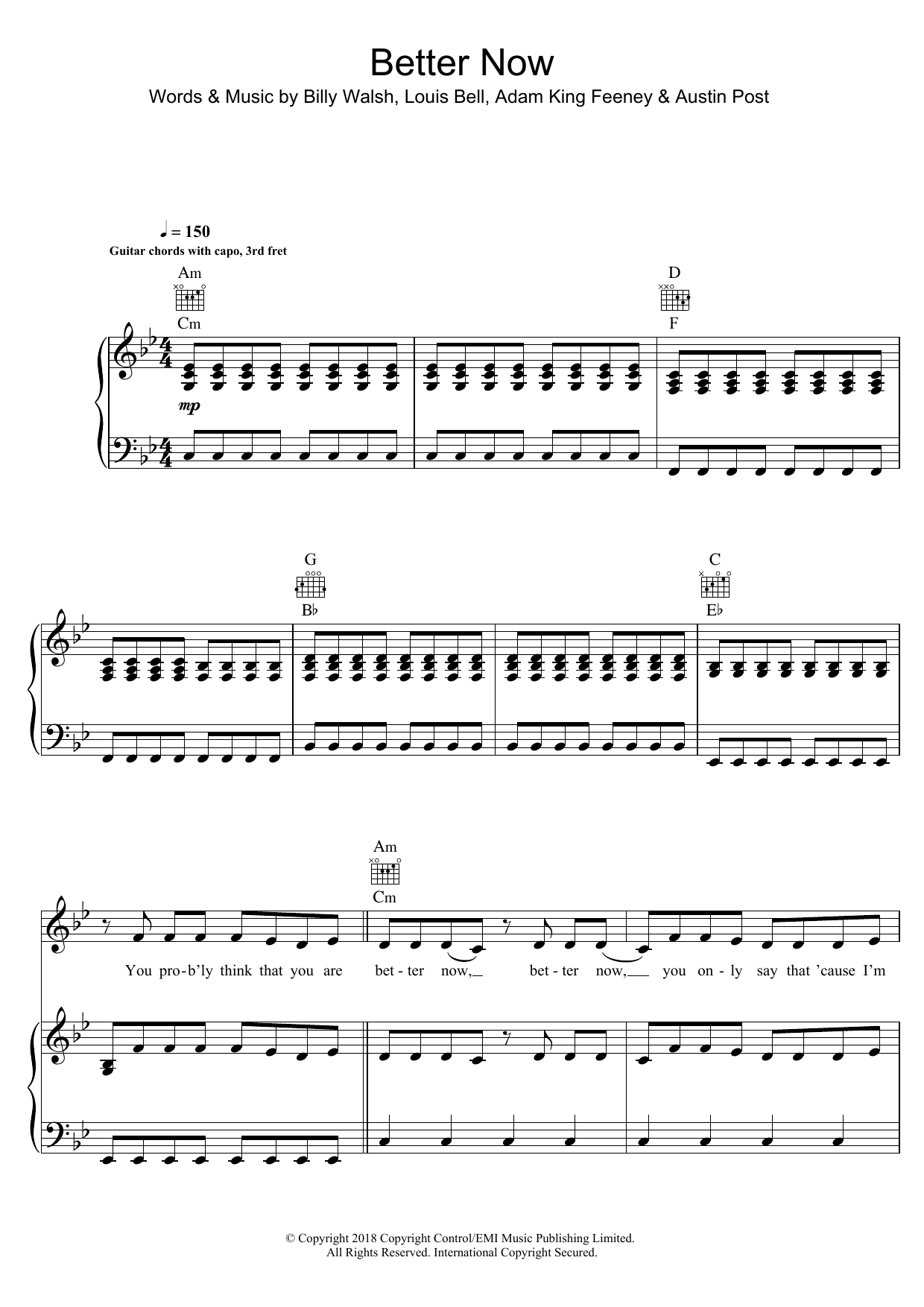 Post Malone Better Now Sheet Music Notes & Chords for Piano, Vocal & Guitar (Right-Hand Melody) - Download or Print PDF