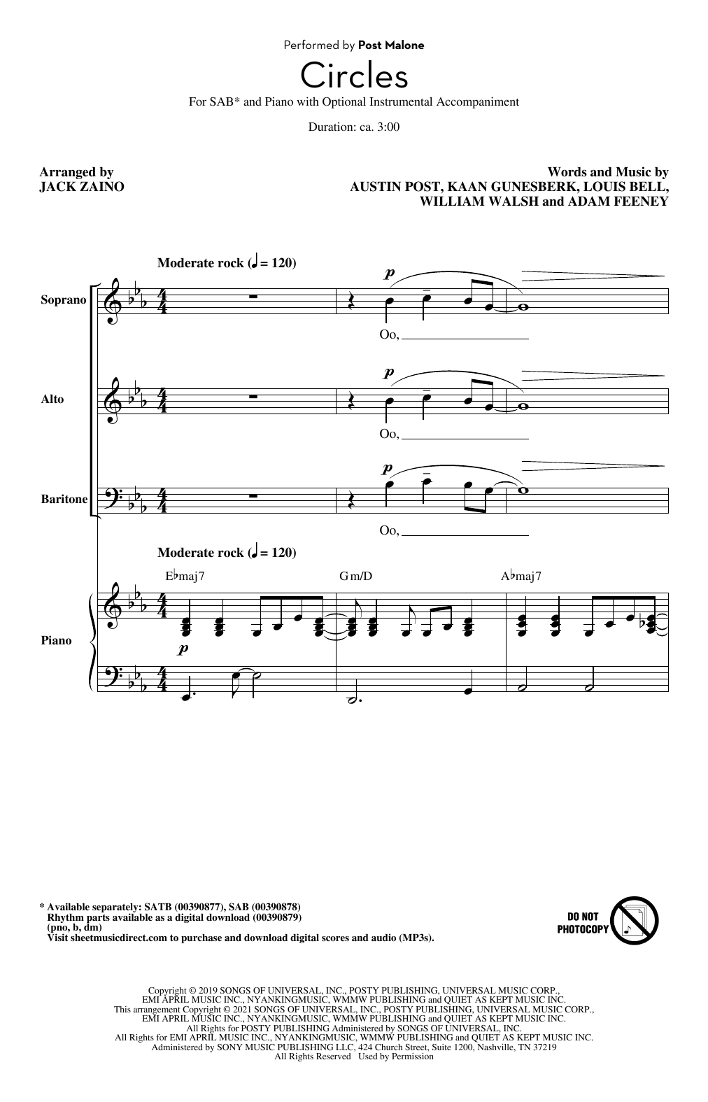 Post Malone Circles (arr. Jack Zaino) Sheet Music Notes & Chords for SATB Choir - Download or Print PDF