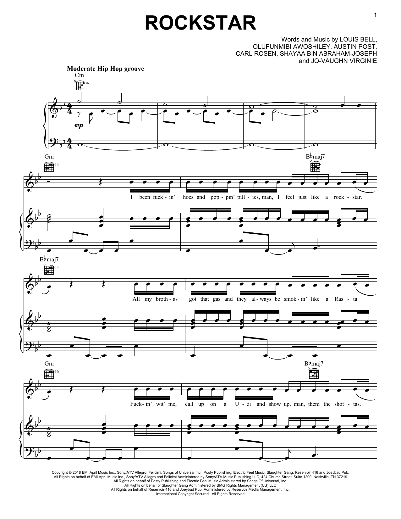Post Malone (feat. 21 Savage) Rockstar Sheet Music Notes & Chords for Piano, Vocal & Guitar (Right-Hand Melody) - Download or Print PDF