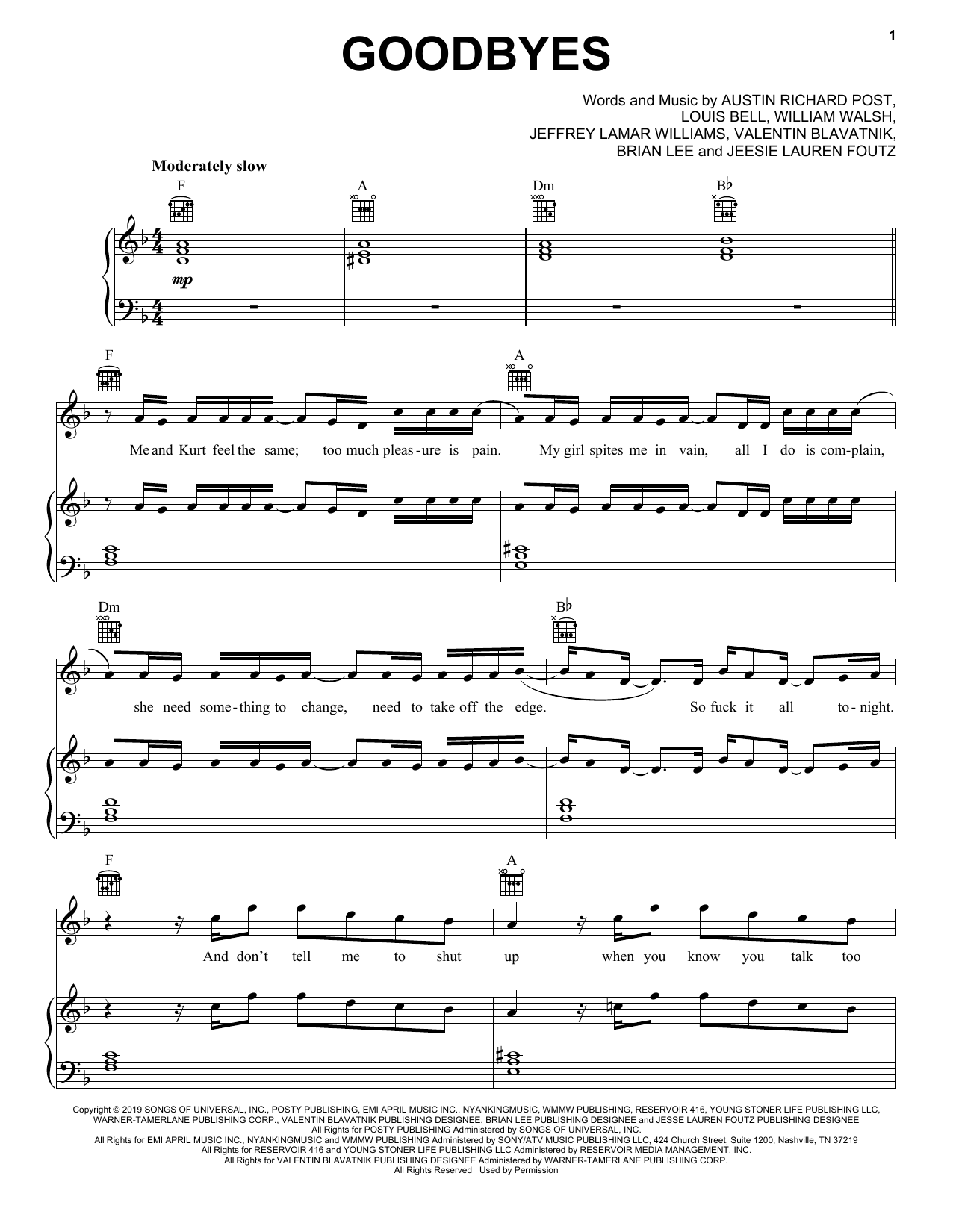 Post Malone Goodbyes (feat. Young Thug) Sheet Music Notes & Chords for Easy Piano - Download or Print PDF