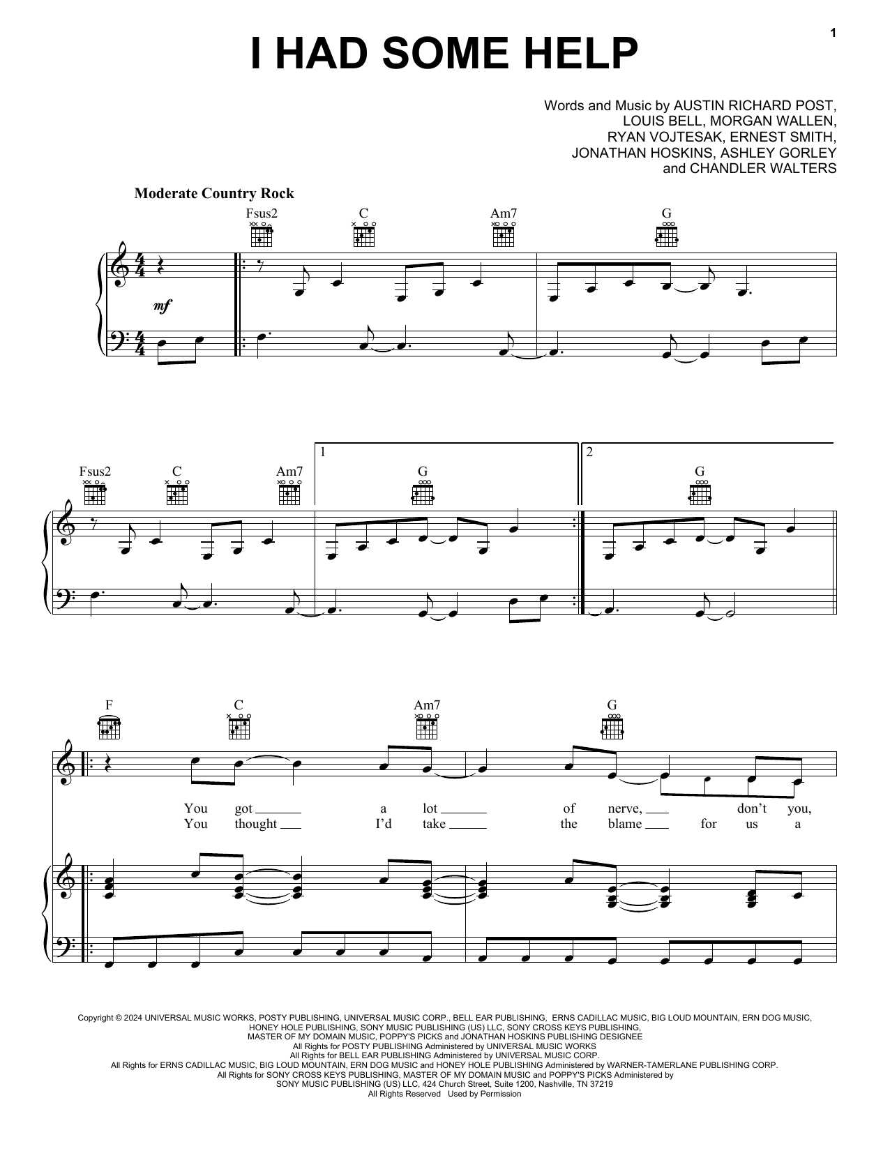 Post Malone I Had Some Help (feat. Morgan Wallen) Sheet Music Notes & Chords for Piano, Vocal & Guitar Chords (Right-Hand Melody) - Download or Print PDF