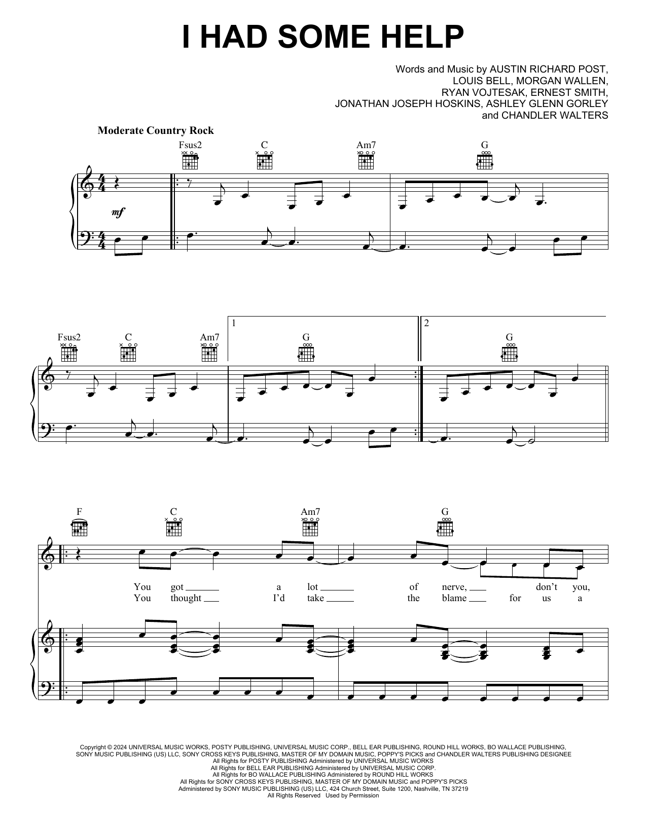 Post Malone I Had Some Help (feat. Morgan Wallen) Sheet Music Notes & Chords for Piano, Vocal & Guitar Chords (Right-Hand Melody) - Download or Print PDF