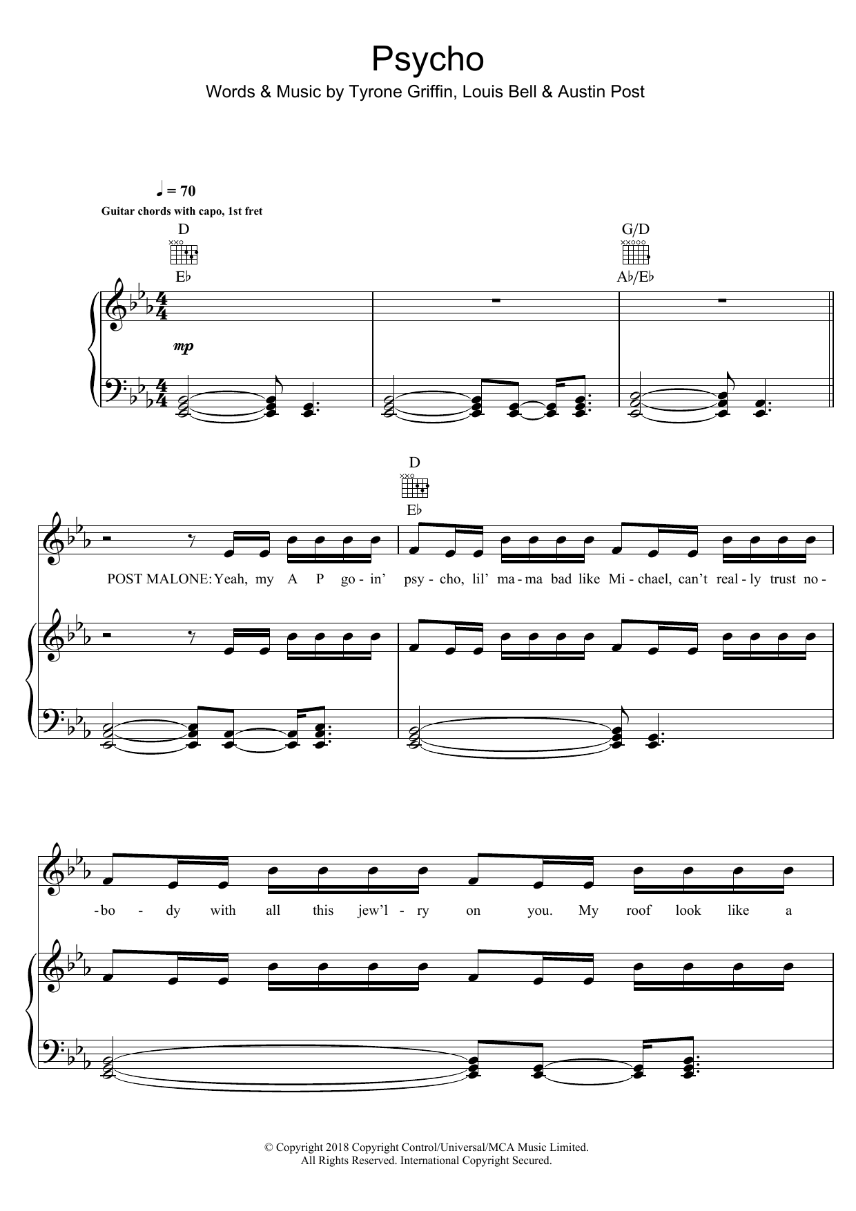 Post Malone Psycho (featuring Ty Dolla $ign) Sheet Music Notes & Chords for Piano, Vocal & Guitar (Right-Hand Melody) - Download or Print PDF