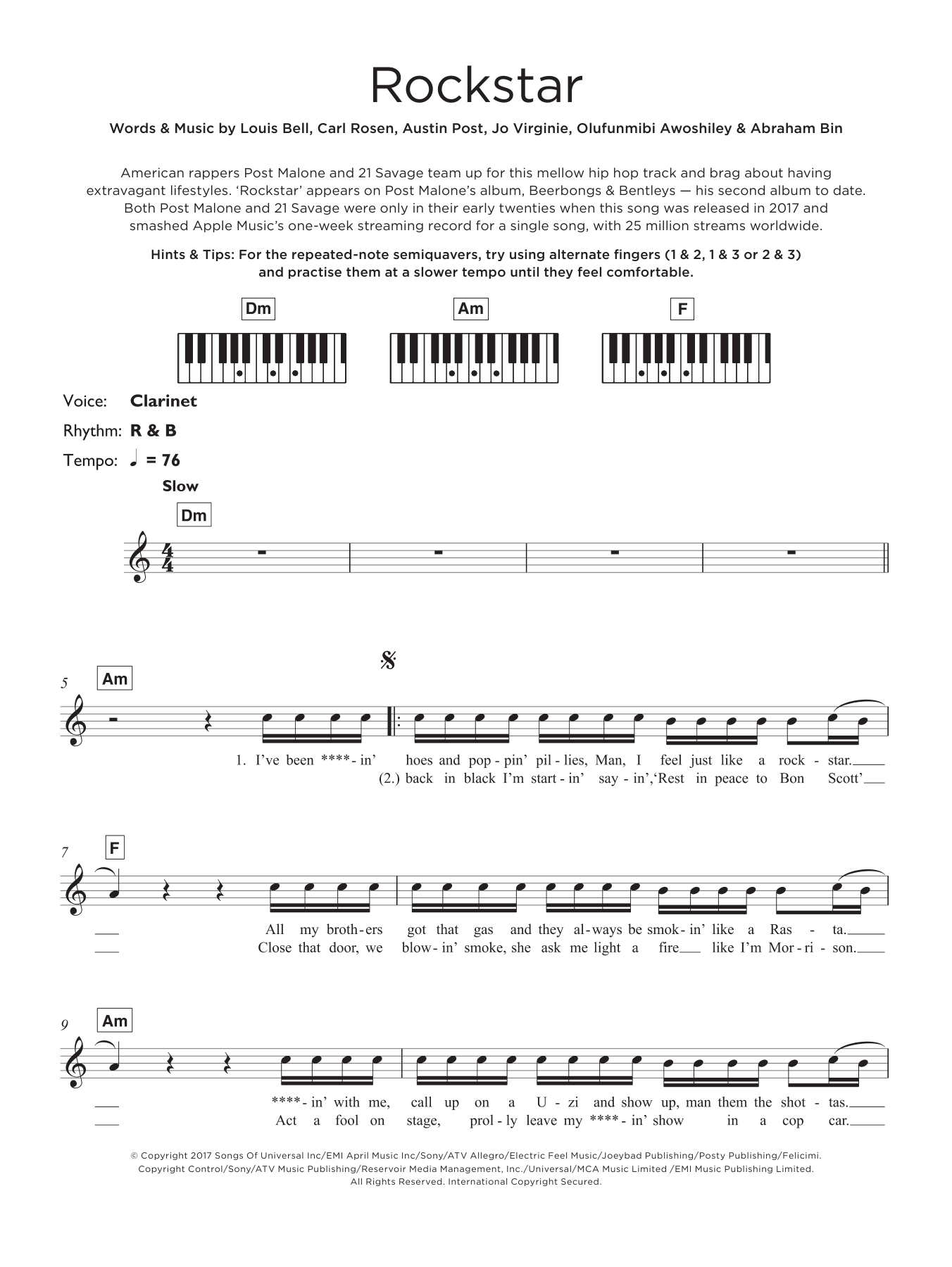Post Malone Rockstar (featuring 21 Savage) Sheet Music Notes & Chords for Beginner Piano - Download or Print PDF