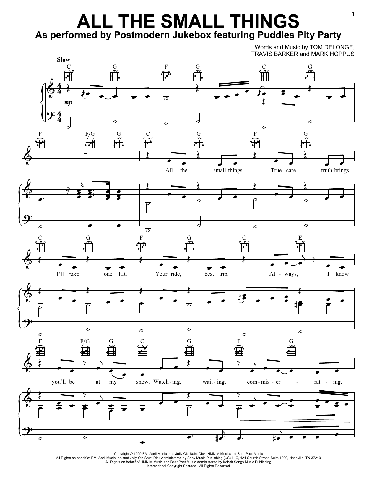 Postmodern Jukebox ft. Puddles Pity Party All The Small Things (John Lewis 2022) Sheet Music Notes & Chords for Piano, Vocal & Guitar Chords (Right-Hand Melody) - Download or Print PDF Postmodern Jukebox ft. Puddles Pity Party All The Small Things (John Lewis 2022) Sheet Music Notes & Chords for Piano, Vocal & Guitar Chords (Right-Hand Melody) - Download or Print PDF