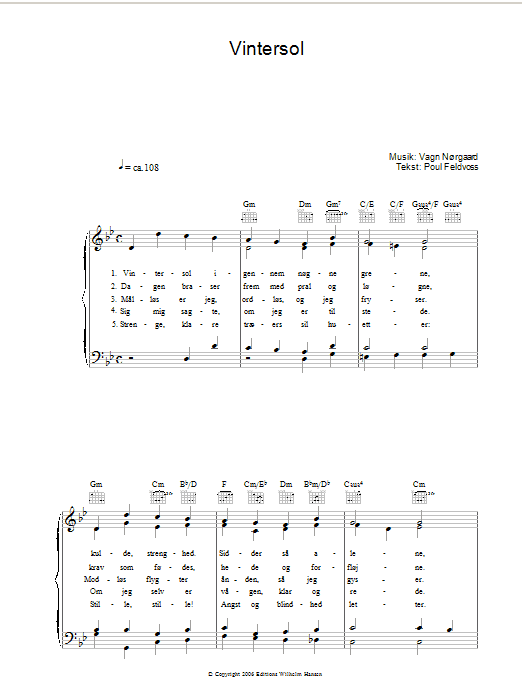 Poul Feldvoss Vintersol Sheet Music Notes & Chords for Piano, Vocal & Guitar (Right-Hand Melody) - Download or Print PDF