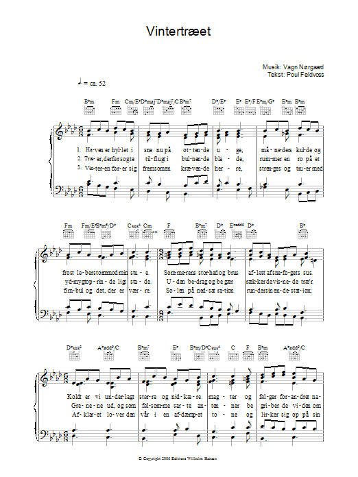 Poul Feldvoss Vintertræet Sheet Music Notes & Chords for Piano, Vocal & Guitar (Right-Hand Melody) - Download or Print PDF