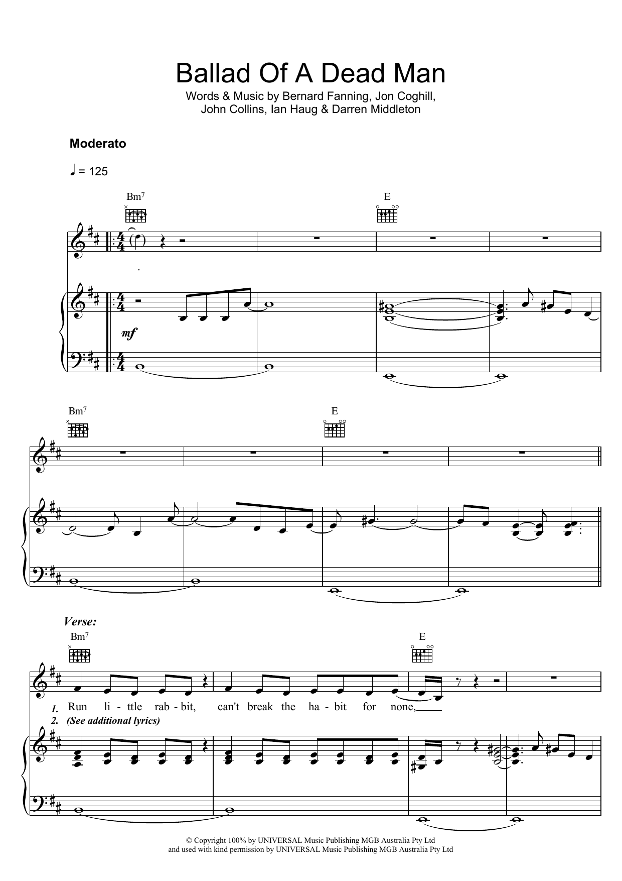 Powderfinger Ballad Of A Dead Man Sheet Music Notes & Chords for Piano, Vocal & Guitar (Right-Hand Melody) - Download or Print PDF