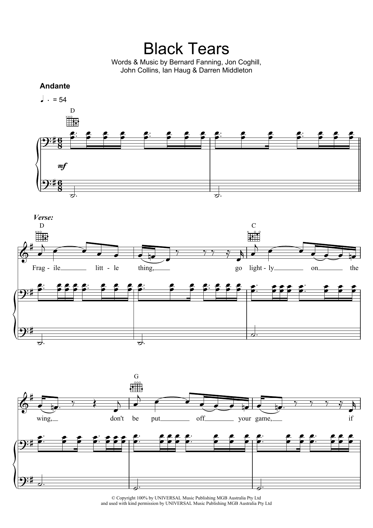 Powderfinger Black Tears Sheet Music Notes & Chords for Piano, Vocal & Guitar - Download or Print PDF