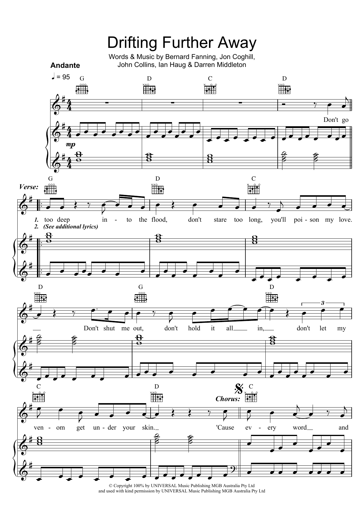 Powderfinger Drifting Further Away Sheet Music Notes & Chords for Piano, Vocal & Guitar - Download or Print PDF