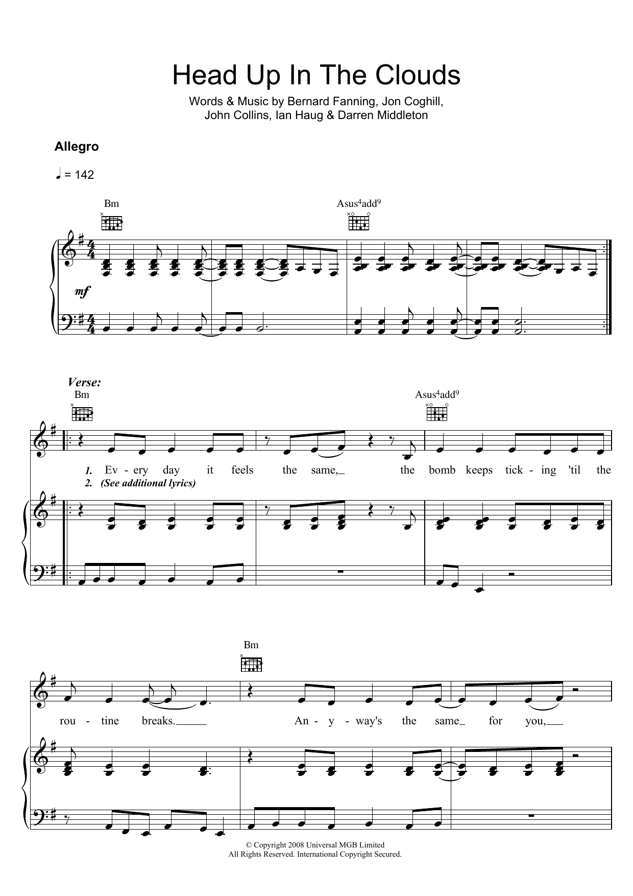 Powderfinger Head Up In The Clouds Sheet Music Notes & Chords for Piano, Vocal & Guitar (Right-Hand Melody) - Download or Print PDF