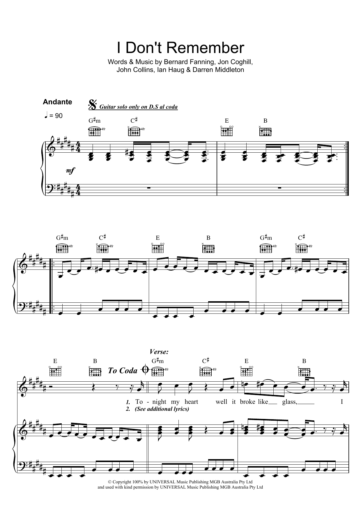 Powderfinger I Don't Remember Sheet Music Notes & Chords for Piano, Vocal & Guitar (Right-Hand Melody) - Download or Print PDF