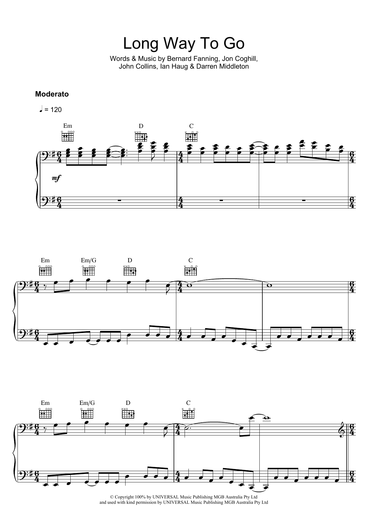 Powderfinger Long Way To Go Sheet Music Notes & Chords for Piano, Vocal & Guitar (Right-Hand Melody) - Download or Print PDF