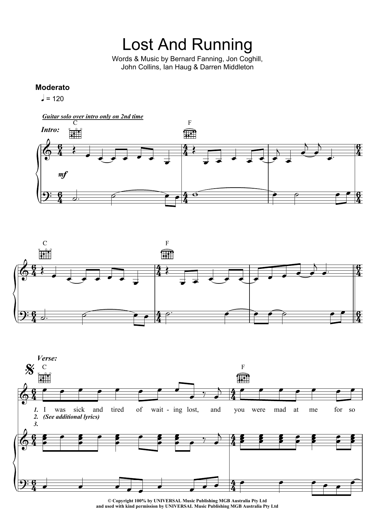 Powderfinger Lost And Running Sheet Music Notes & Chords for Piano, Vocal & Guitar (Right-Hand Melody) - Download or Print PDF