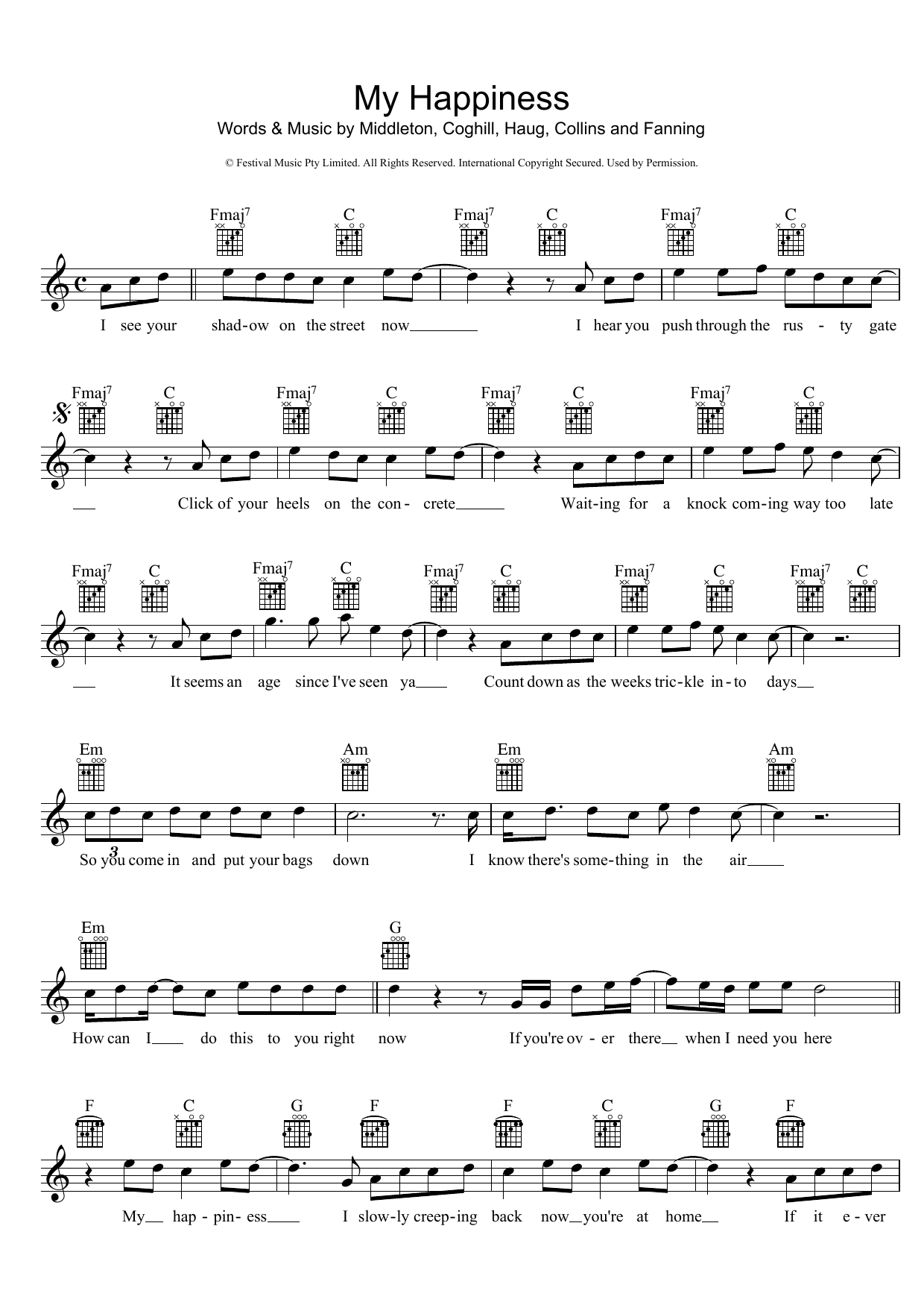Powderfinger My Happiness Sheet Music Notes & Chords for Melody Line, Lyrics & Chords - Download or Print PDF