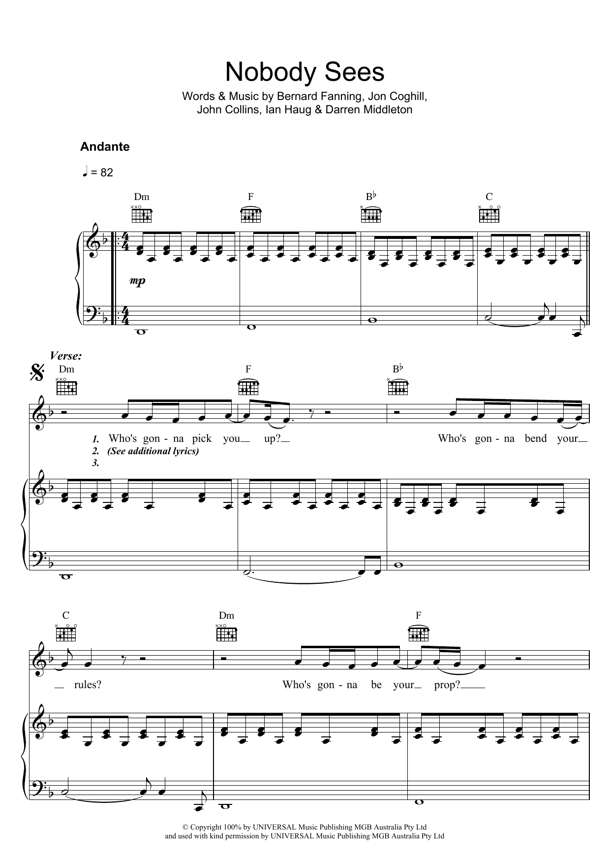 Powderfinger Nobody Sees Sheet Music Notes & Chords for Piano, Vocal & Guitar - Download or Print PDF