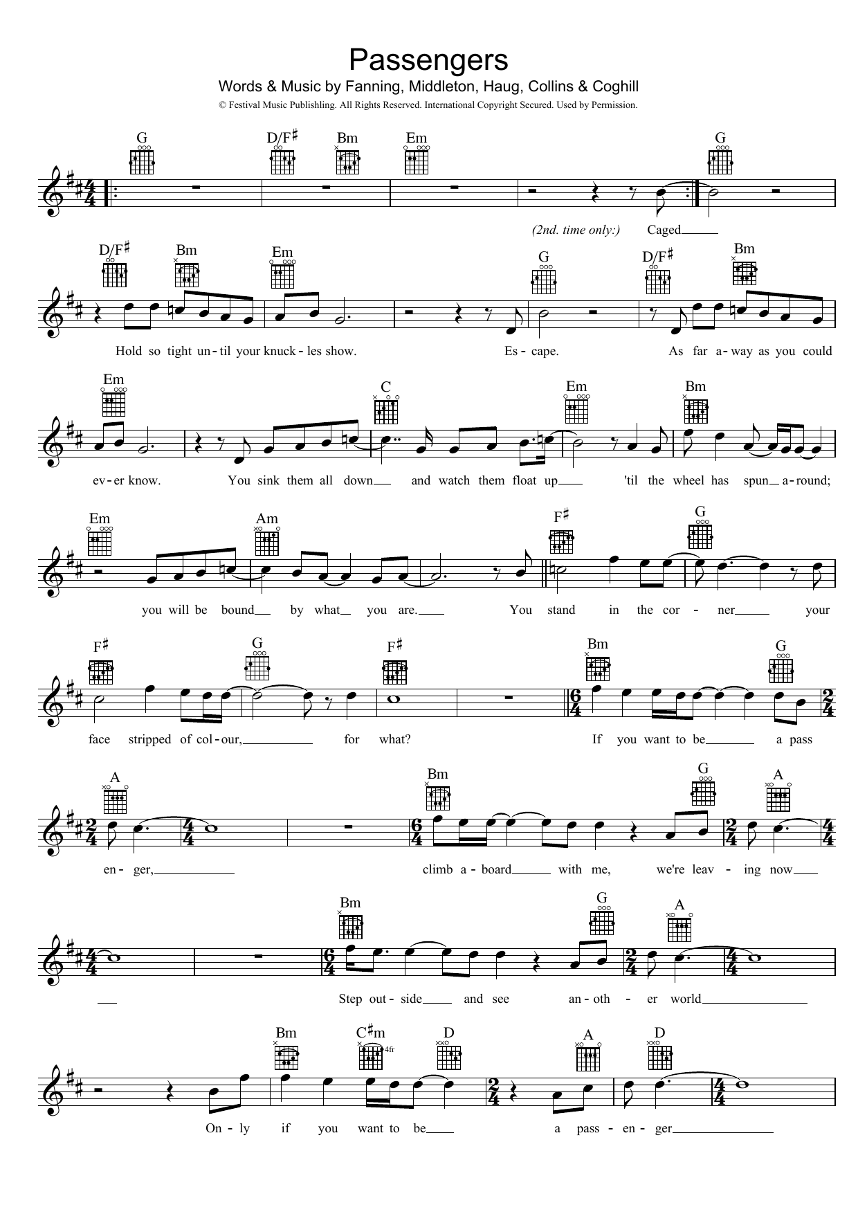 Powderfinger Passengers Sheet Music Notes & Chords for Melody Line, Lyrics & Chords - Download or Print PDF