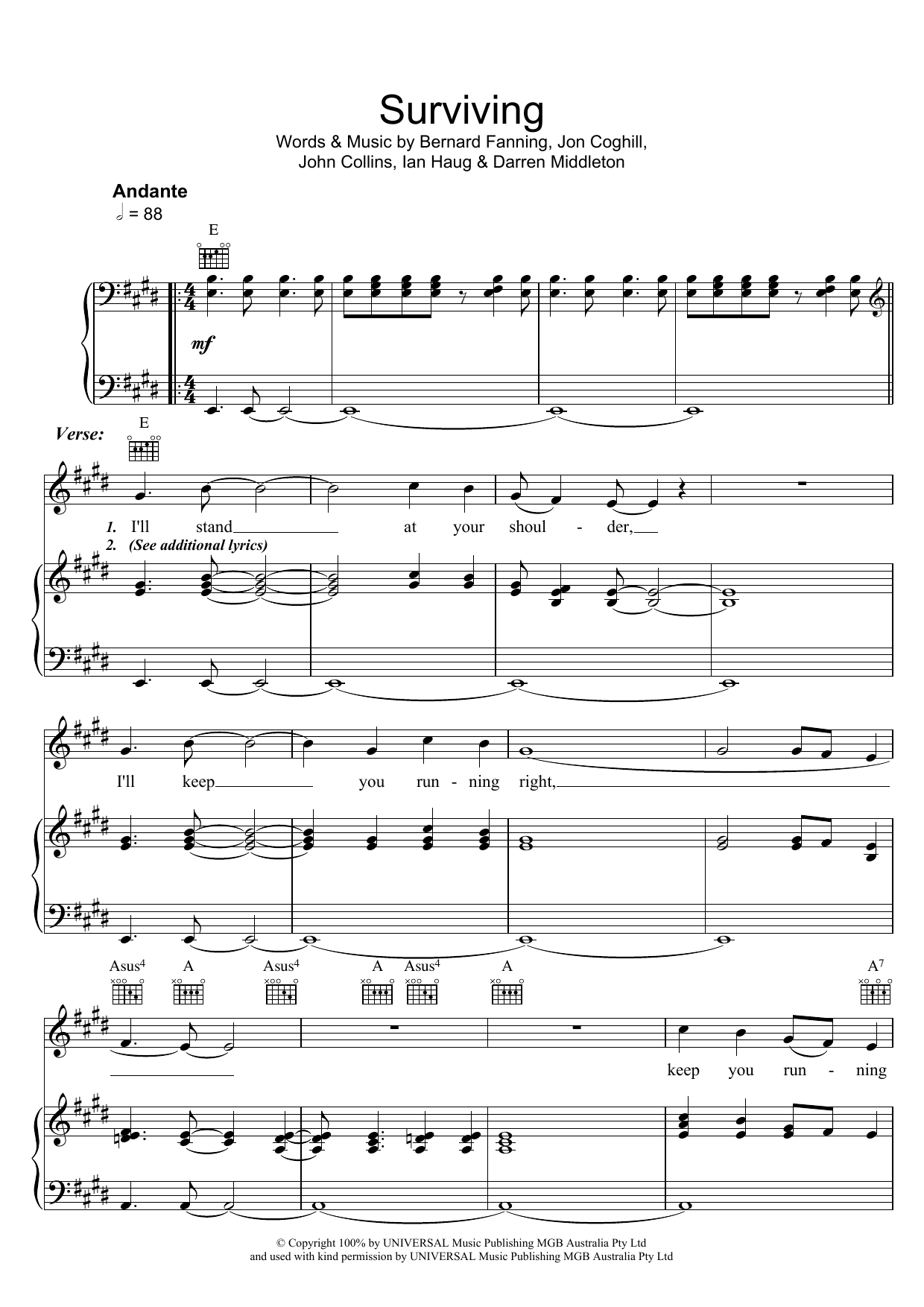 Powderfinger Surviving Sheet Music Notes & Chords for Piano, Vocal & Guitar (Right-Hand Melody) - Download or Print PDF